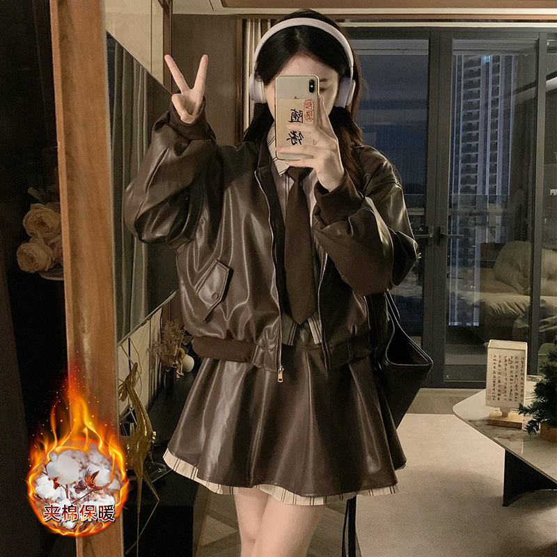 Plus Size Maillard Outfit Leather Jacket Women's Autum New American Fat mm Fake Two-Piece Jacket Skirt Suit