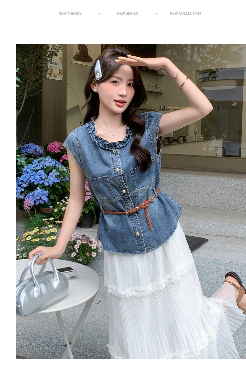 Bộ yếm quần denim không tay kết hợp chân váy ngắn nữ 2 món mùa hè 2026 — Màu ảnh chi tiết 11