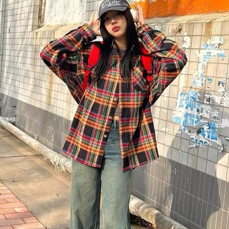 チェック柄シャツ女性 2025 春の新韓国ファッションガール小柄なレトロ長袖シャツカジュアルジャケット|undefined