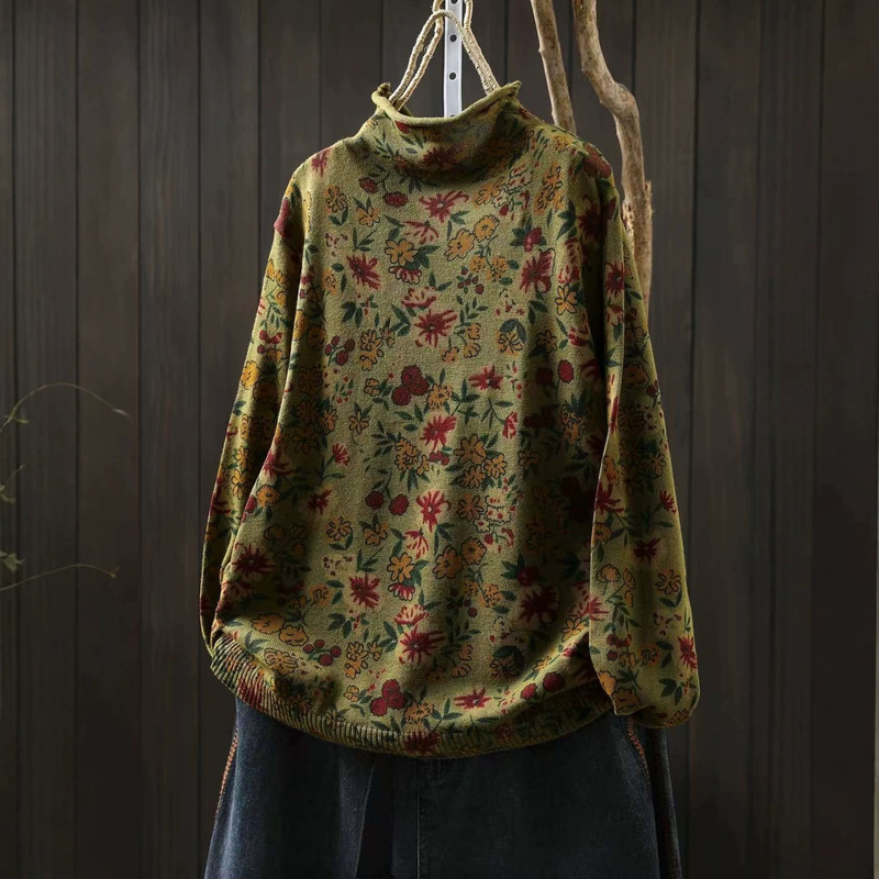 New Autumn and Winter Retro Cotton Printed Knitwear Women's Half-High Collar Rolled-Edge Long-Sleeved Pullover Long-Sleeved Inner Sweater New Autumn and Winter Retro Cotton Printed Knitwear Women's Half-High Collar Rolled-Edge Long-Sleeved Pullover Long-Sleeved Inner Sweater