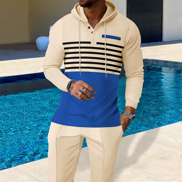 Amazon's Cross-Border Bestseller European and American Men's Color-Blocked Long-Sleeved Hooded Sweatshirt Pullover Waffle Casual Pants Set