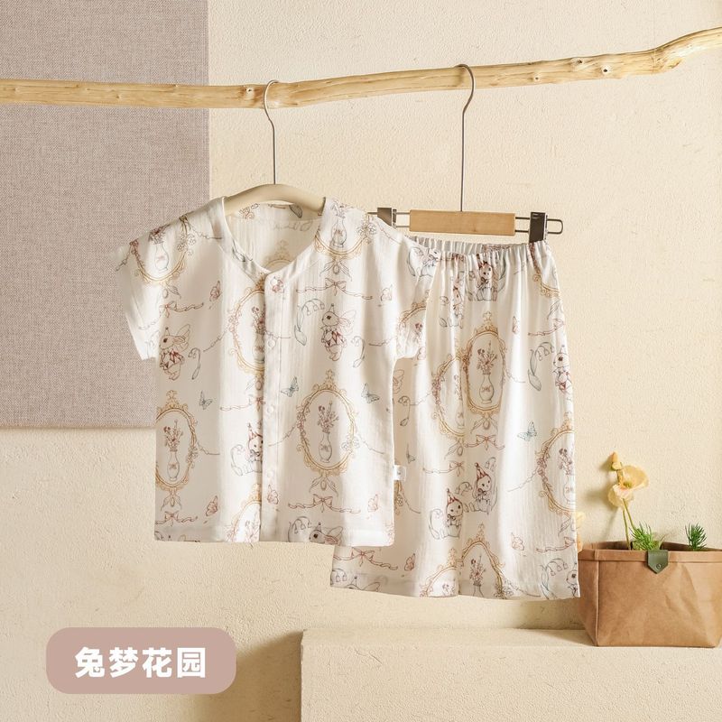 a类儿童家居服夏季薄款短袖宝宝竹棉透气女童装双层纱睡衣驱蚊|undefined