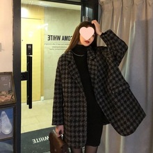 秋冬季新款宽松夹棉加厚保暖千鸟格中长款呢子大衣毛呢西装外套女