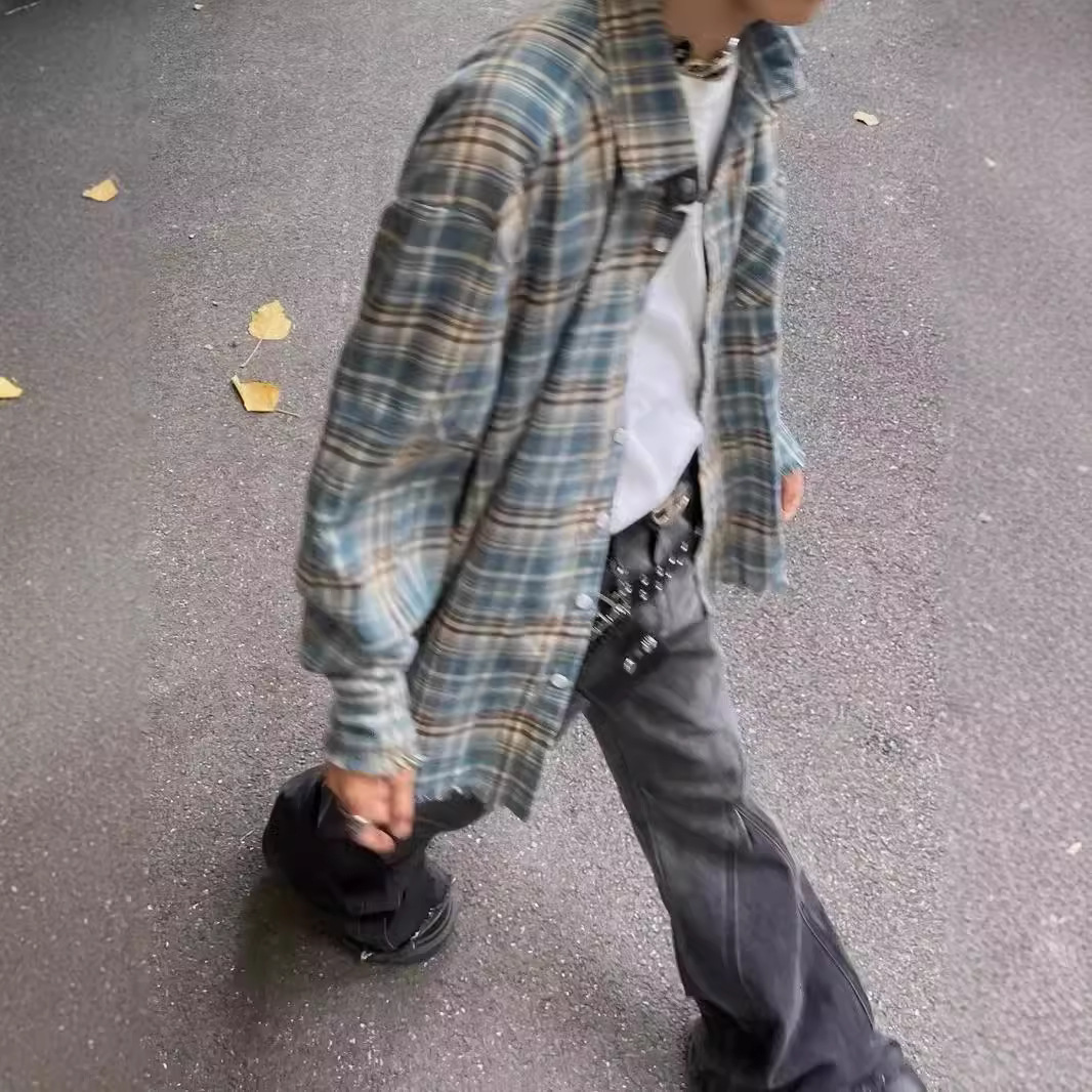 格子衬衫男生长袖秋季新款美式复古高街潮牌休闲宽松翻领衬衣外套