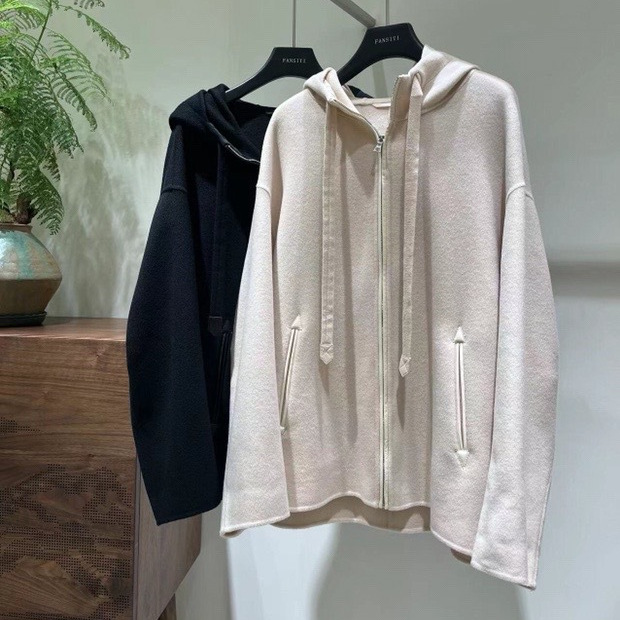 高频穿搭 DA牌同面料 松弛感连帽双面尼薄大衣 宽松休闲毛呢外套