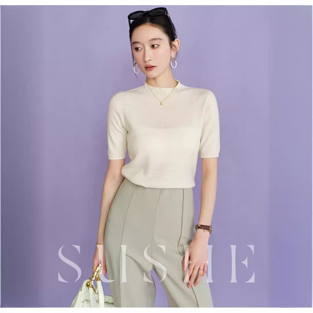 2024 Summer wool knitted sweater women's simple inner half sleeve high-grade half turtleneck sweater top women's Korean style