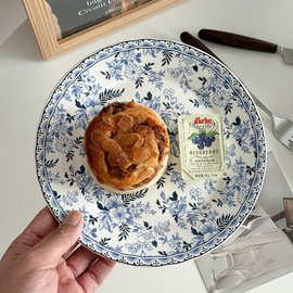 穆尼 英式中古蓝色花纹陶瓷甜品盘ins复古风早餐盘水果盘蛋糕盘子
