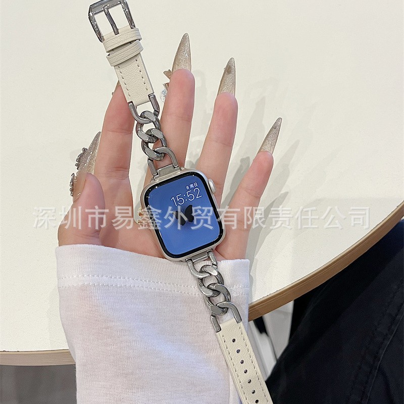 适用AppleWatch金属拼接带苹果手表8细款真皮链条气质手链表带S10