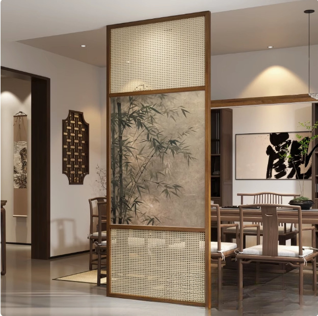 Chinese-Style Rattan Solid Wood Screen Partition Bedroom Blocking Song-Style Aesthetic Mobile Folding Screen Simple Entrance Entrance