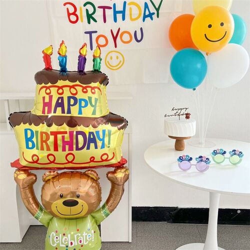 Bear Cake Baby One Year Old Party Layout Props Decoration Balloon Children Cartoon Digital Photo Scene Birthday
