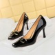 7792-5 European and American high heels women's shoes with thin heels, super high heels, glossy patent leather, shallow cut square toe metal rhinestone buckle single shoe