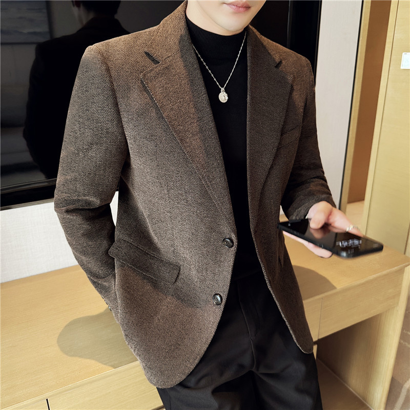 가을 겨울 세트 원피스 남성 자켓 고급 비즈니스 캐주얼 슬림 핏 모직 한국 스타일 웨딩 따뜻한 헤링본 패턴