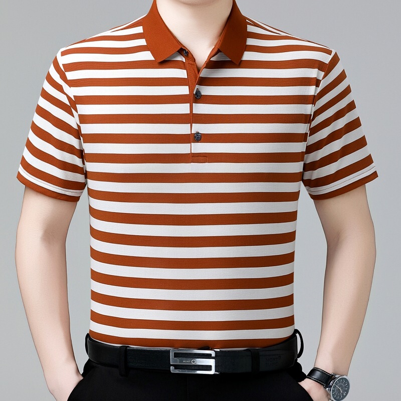 Counter Genuine 100% Mulberry Silk Short-Sleeved T-Shirt Men's Ice Silk Summer Thin Middle-Aged Stripesd Half-Sleeved Polo Shirt
