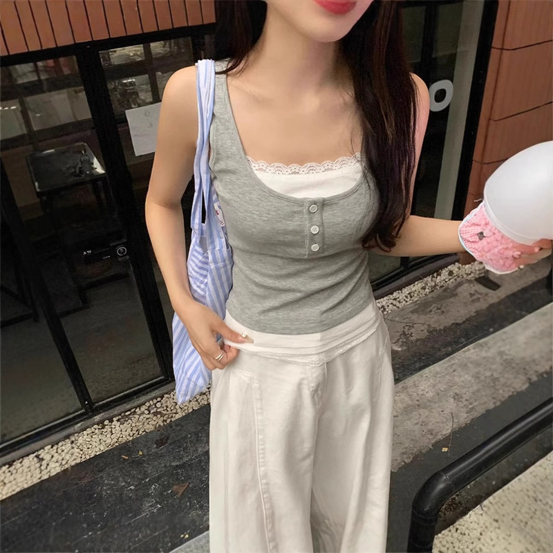 Fake Two-piece Lace Stitching Camisole Women's Summer 2025 New Outfit Thai Hot Spice Girl Sleeveless Small Top