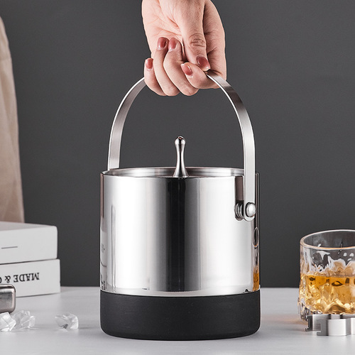 Stainless steel double-layer ice bucket, ice cube bucket, creative household anti-slip silicone ice wine bucket, bar KTV beer ice bucket