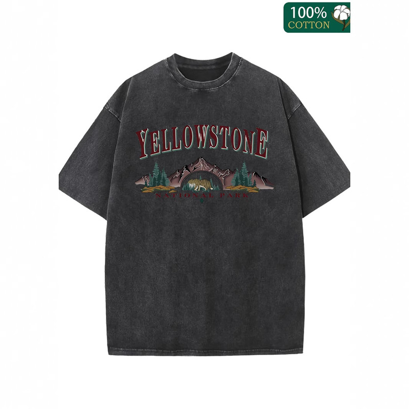 Cross-Border Yellowstone National Park Illustration Short-Sleeved Summer Retro Batik Cotton T-Shirt