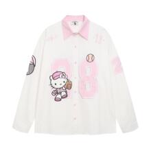 美式复古Kitty猫棒球运动风长袖衬衫男女小众情侣学院风刺绣衬衣