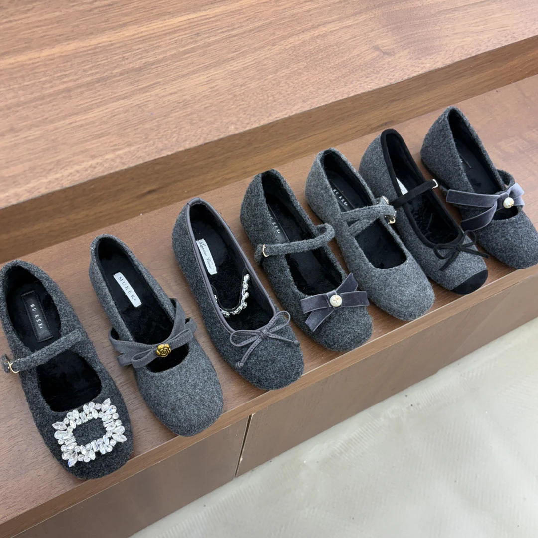 Niche Gray Inner Heightening Retro Suede Square Buckle Rhinestone Fleece-Lined Mary Jane Shoes for Women 2025 New Ballet Cotton Shoes