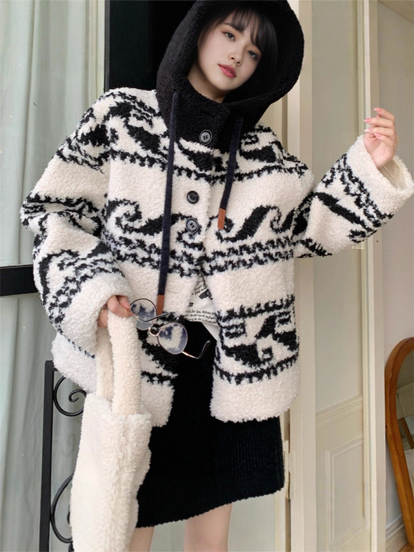 设计感重工提花撞色秋冬新款长袖宽松连帽外套针织开衫毛衣女上衣|undefined