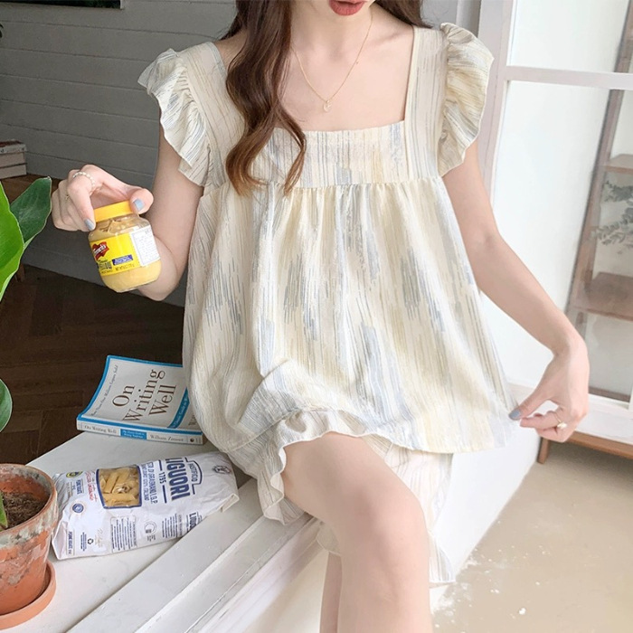 Summer thin pajamas women's Japanese girl's aircraft sleeve cute vest shorts woven cotton crepe home wear suit Summer thin pajamas women's Japanese girl's aircraft sleeve cute vest shorts woven cotton crepe home wear suit