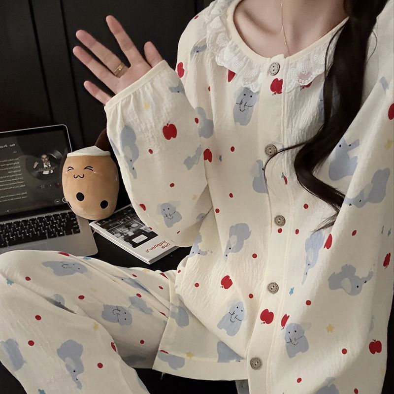 Pijamas al por mayor transfronterizos de primavera y otoño de manga larga nubes de algodón cuello redondo cordigan dulce se puede usar con ropa de casa