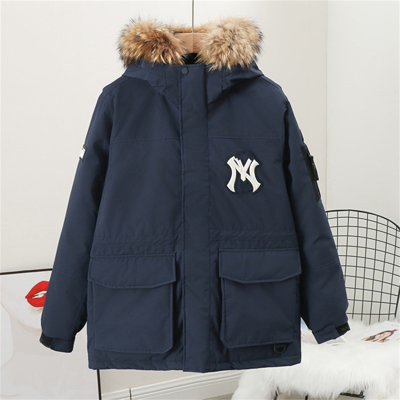 韩国跨境MLB羽绒服洋基队工装大毛领中长款男女款白鸭绒派克外套|undefined