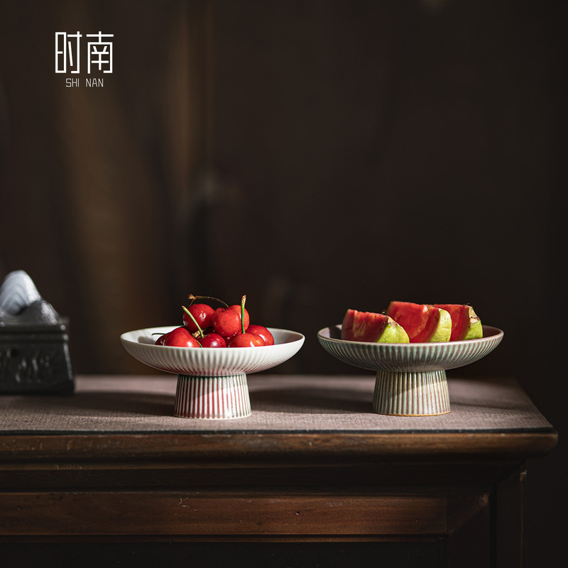窑变中式复古果盘高脚茶点盘小精致水果点心盘家用陶瓷干果零食盘|undefined