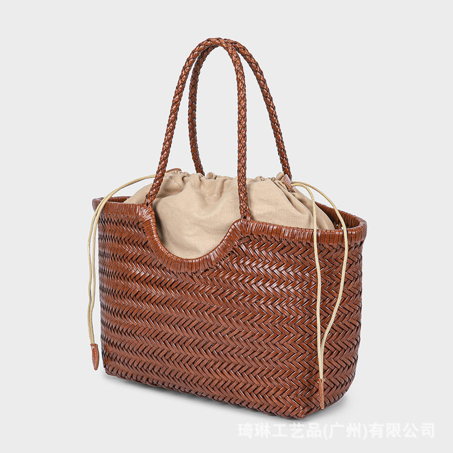 Dragon Style French Woven Market Basket Bag Women's Genuine Leather Shoulder Bag Retro Handmade Ins Style - Thumbnail 3