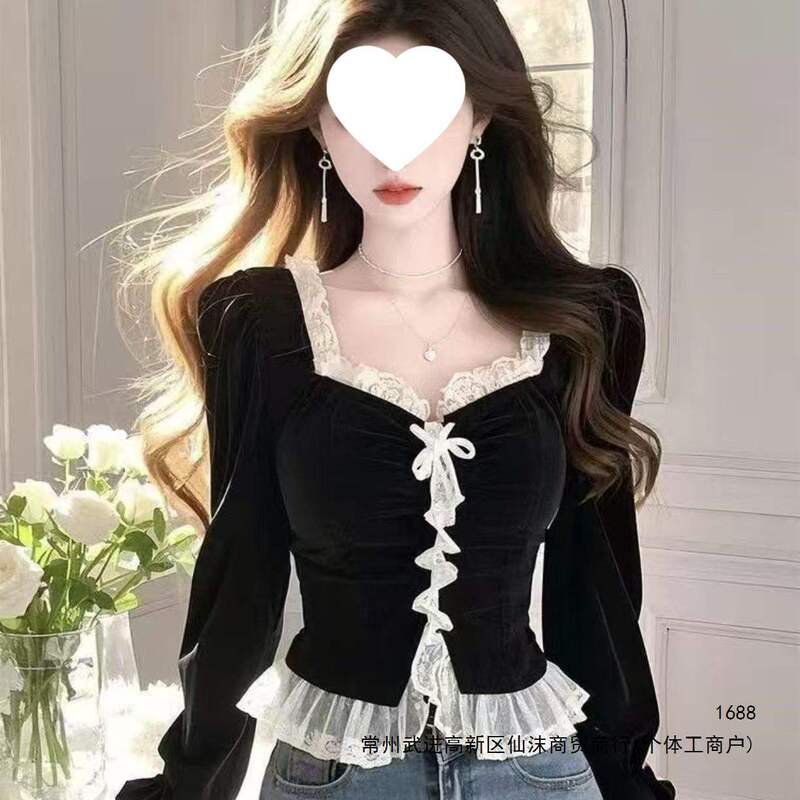 French-style fashionable lace beautiful black elegant gold velvet shirt, new long-sleeved unique and stunning top for women French-style fashionable lace beautiful black elegant gold velvet shirt, new long-sleeved unique and stunning top for women
