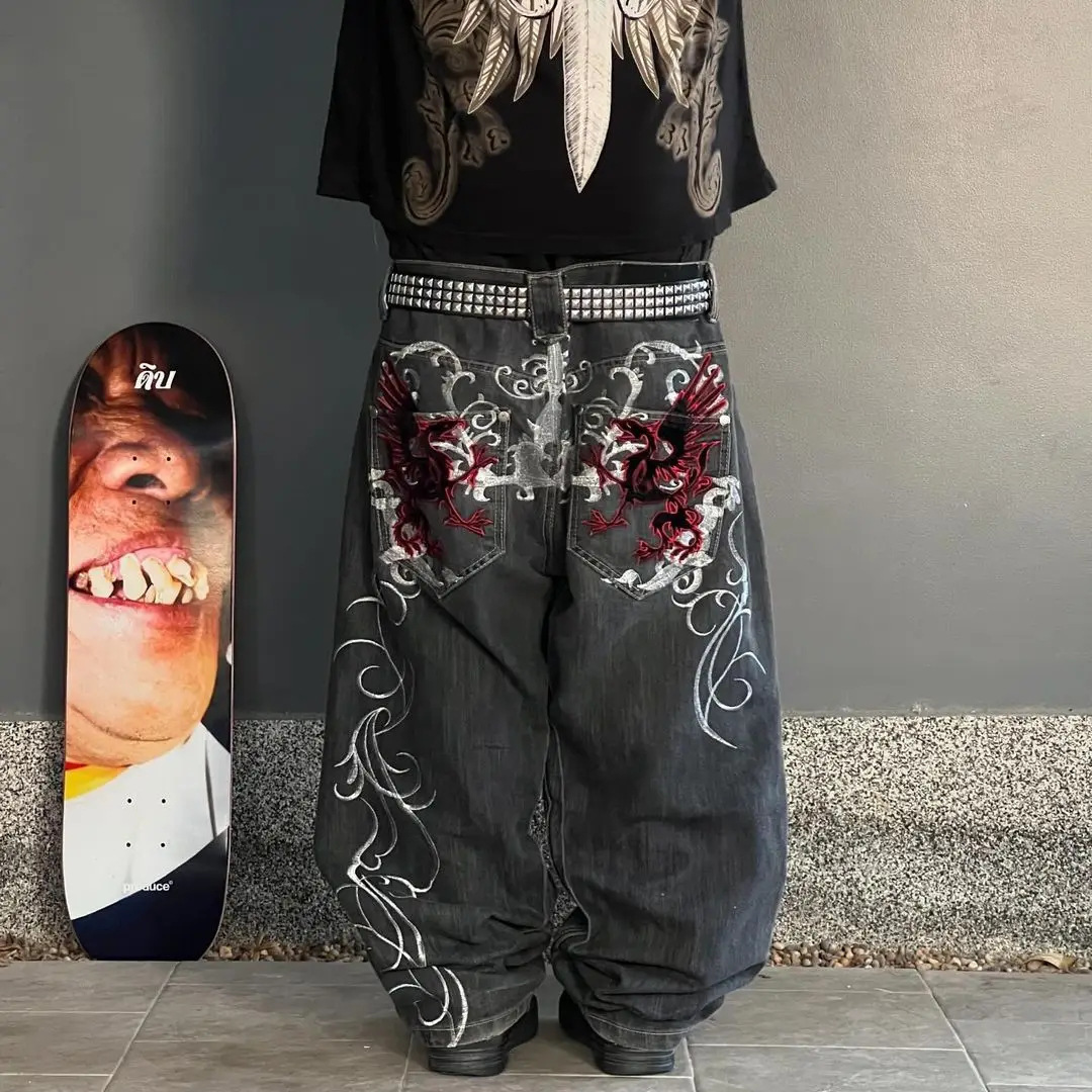Cross-border European and American Dark Gothic Style Printed Jeans Men's Spring and Summer High Street Niche Loose All-match Wide-leg Pants