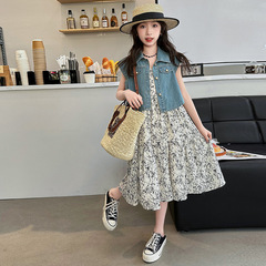 夏季新款中大女童牛仔馬甲吊帶連衣裙兩件套童裝兒童洋氣女孩裙子