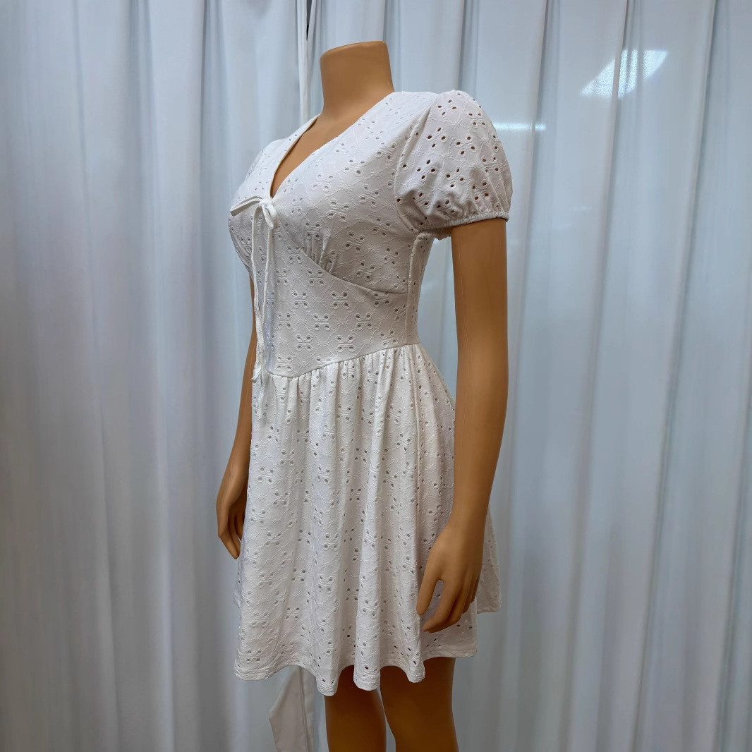 Women's Sexy Hollow Out Strappy V Neck Short Sleeve Solid Color Dress Style_ecoleips.com