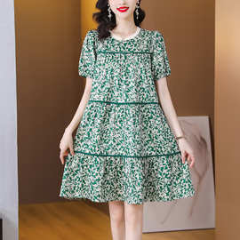 2023夏季新款大码雪纺时尚印花A字裙宽松显瘦气质甜美绿色连衣裙