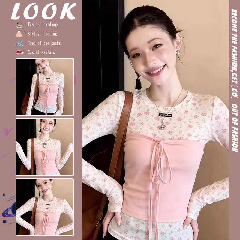 Korean Style Pure Desire Fashion Layered Outfit for Women, Spring Floral Long-Sleeve T-Shirt, Tube Top, Slim-Fit Inner Layering Top