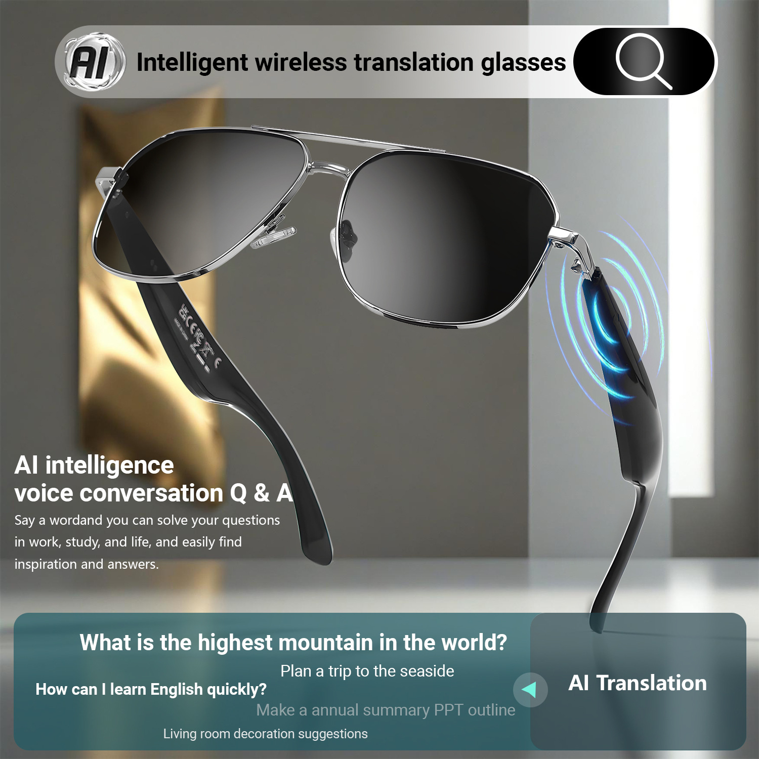Cross-Border Ai Translation Bluetooth Smart Glasses Support Listening to Music and Calls in More Than 100 Languages, Real-Time Translation Sunglasses
