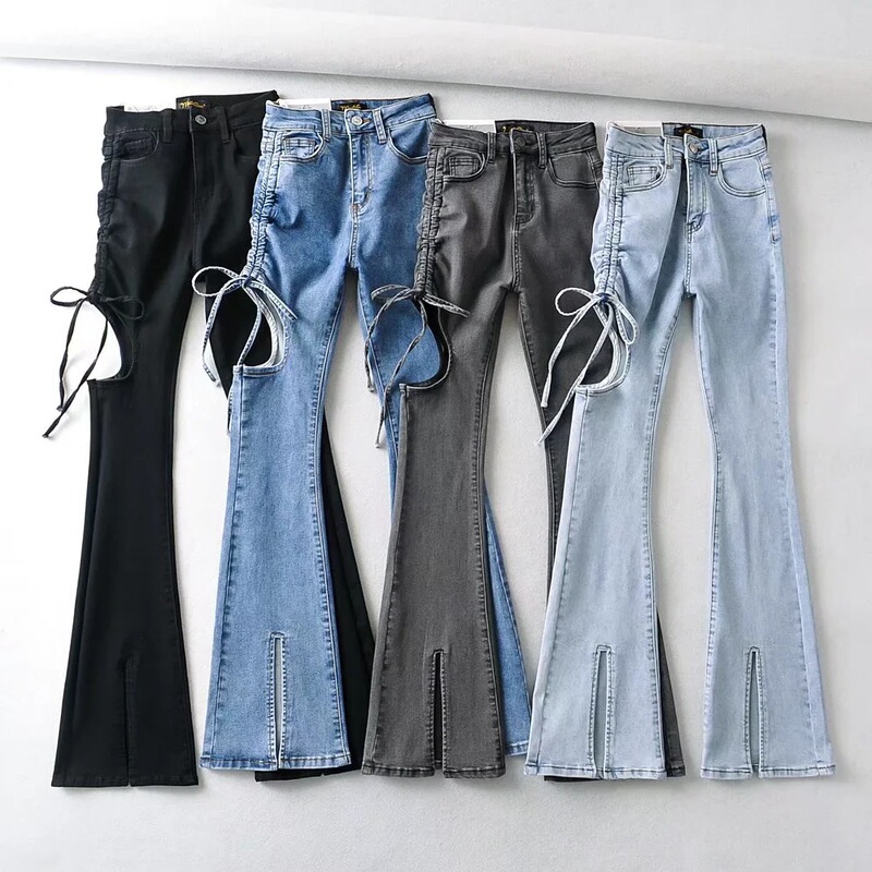 European and American INS Hot Girl Side Drawstring Lace-up Hollow Open Leg Flared Pants Women's High Waist Slim-fit Front Split Denim Pants
