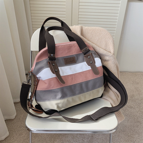 2024 new cross-border supply European and American retro canvas handbag women's rainbow stitching large capacity crossbody shoulder bag