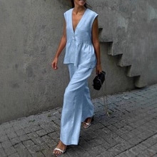 2025 Cotton V-Neck Sleeveless Top Vest and Long Pants Set for Women, New European and American Style, Solid Color, Elegant Commuter Two-Piece Set