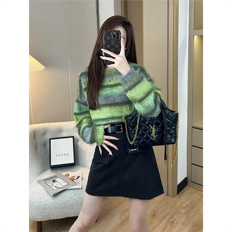 優しいスタイルの長袖ストライプカラーブロックラウンドネックプルオーバーセーター女性の秋のスリムフィットショートセータースイートスタイルトップ|undefined