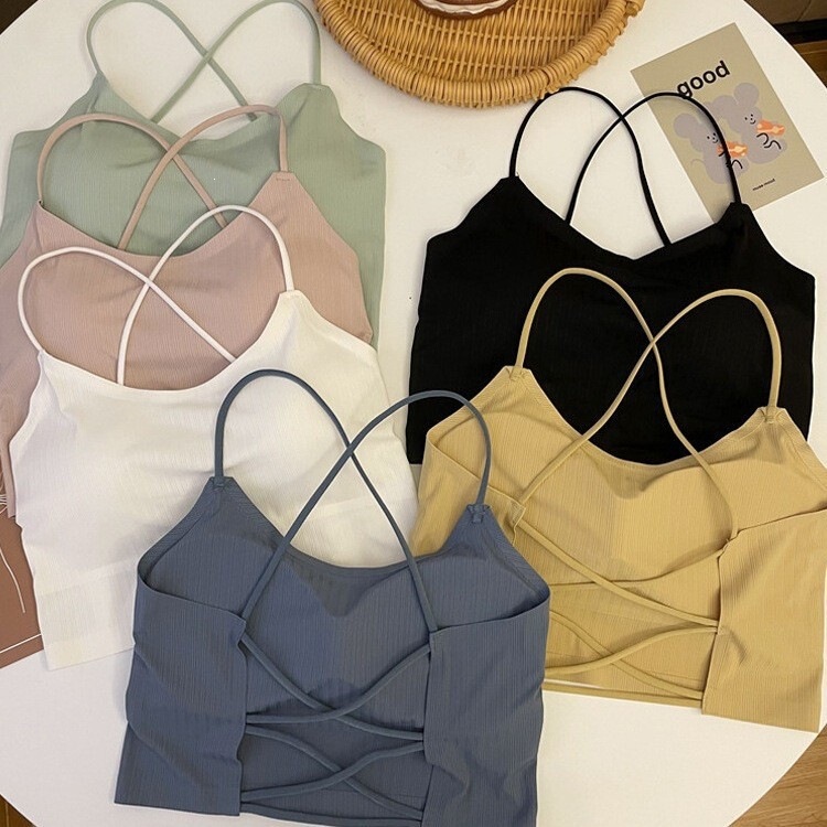 Hot Girl Style Cross-Back Camisole with Chest Pads, Bustier Top for Women, Integrated Push-Up Ice Silk Tube Top Sports Bra