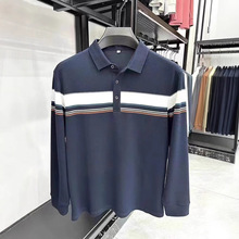 纯棉中老年男式男装翻领条纹长袖T恤2025秋季新款地摊货源批发