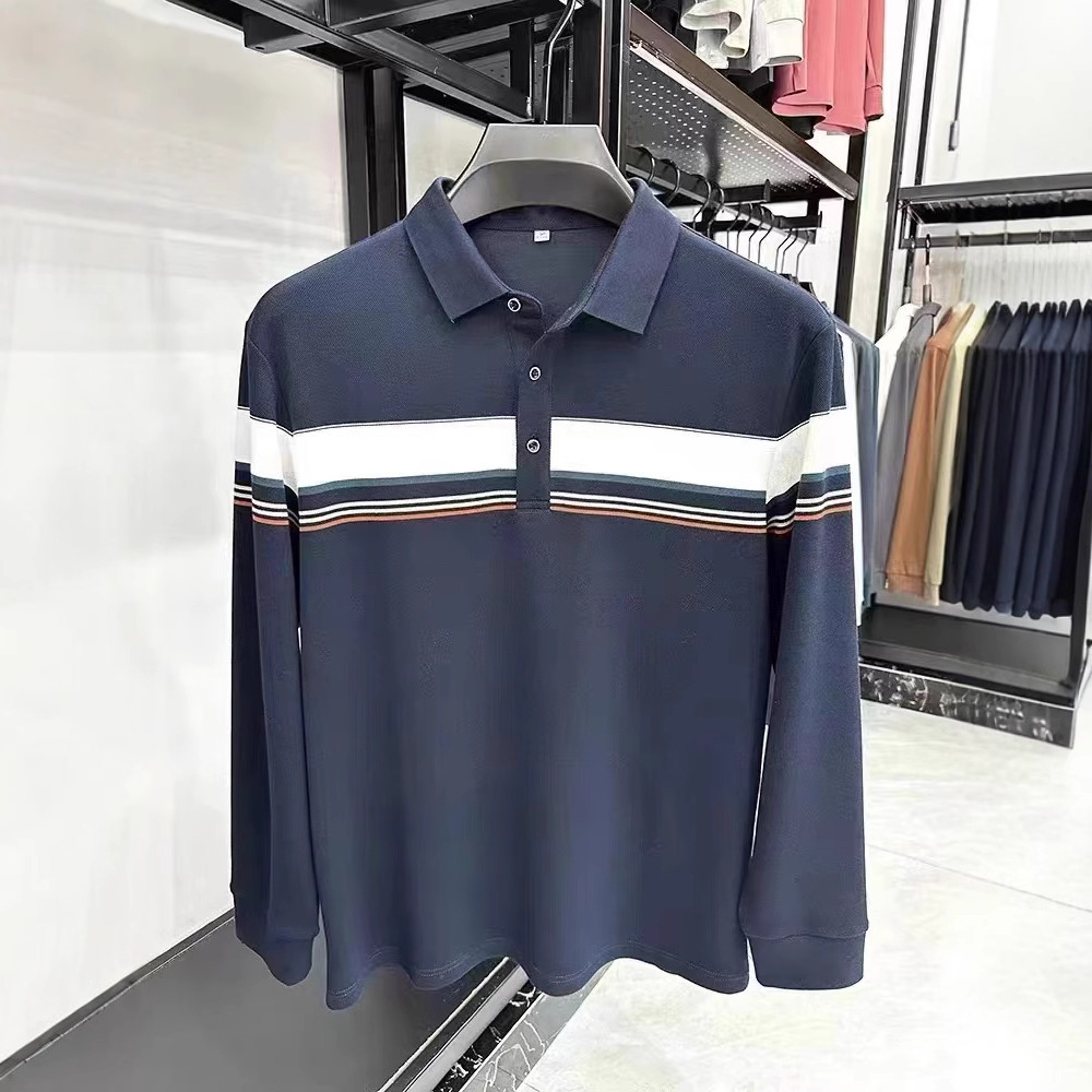 纯棉中老年男式男装翻领条纹长袖T恤2025秋季新款地摊货源批发