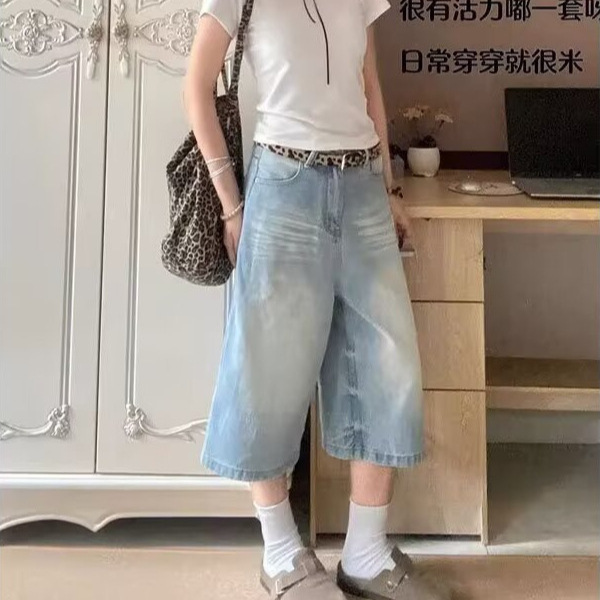 2025 New American Retro Distressed Blue Jeans for Women, Summer Low-Waist Slimming Versatile Straight Cropped Pants