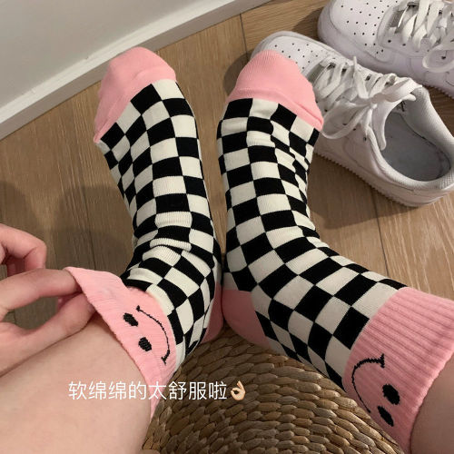 Smiley Face Grid Socks for Girls Mid-Calf Socks Korean Dongdaemun Checkerboard Socks Cartoon Smiley Color-Matched Socks Trendy Match