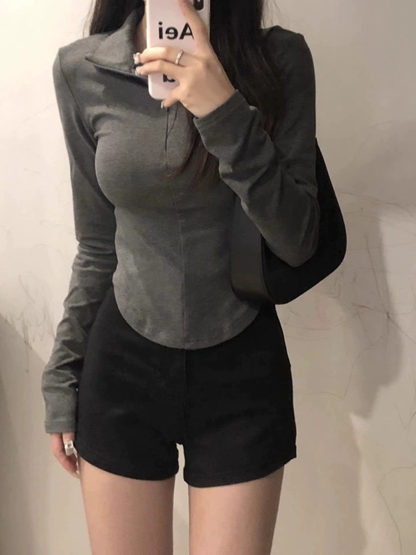 美式长袖上衣女修身拉链t恤春秋胖mm大码显瘦翻领紧身内搭打底衫|undefined