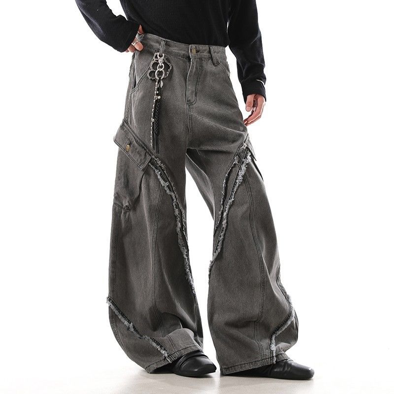 Retro americano bordes de cimetaje contorno jeans estilo de diseño de alta calle estereoscópico bolsillo grande pantalones casuales sueltos