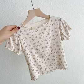 女童夏装t恤儿童新款韩系小碎花洋气宝宝木耳边半袖冰丝薄款上衣