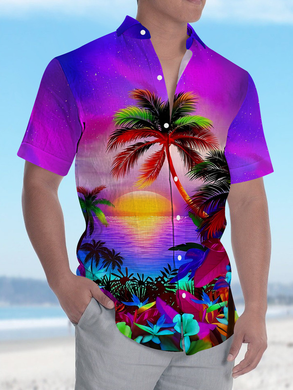 2025 New Cross-Border Hawaiian 3D Printed Color Matching Printed Short-Sleeved Shirt Pocket Loose Summer Fashion Men's Shirt