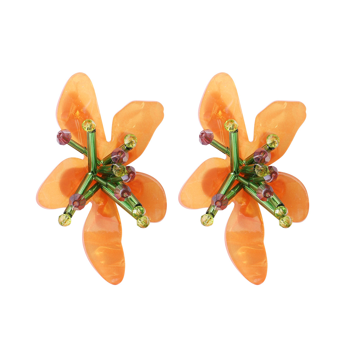 0.03µm-0.05µm Gold Plating Thickness Electroplated Gold Plating Process Fashion Flower Plastic Beaded Women's Ear Studs 1 Pair