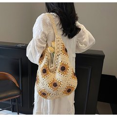 多用途なひまわり柄の草編みバッグ、女性用高級手編みバッグ、大容量ショルダートートバッグ、休暇やビーチバッグ